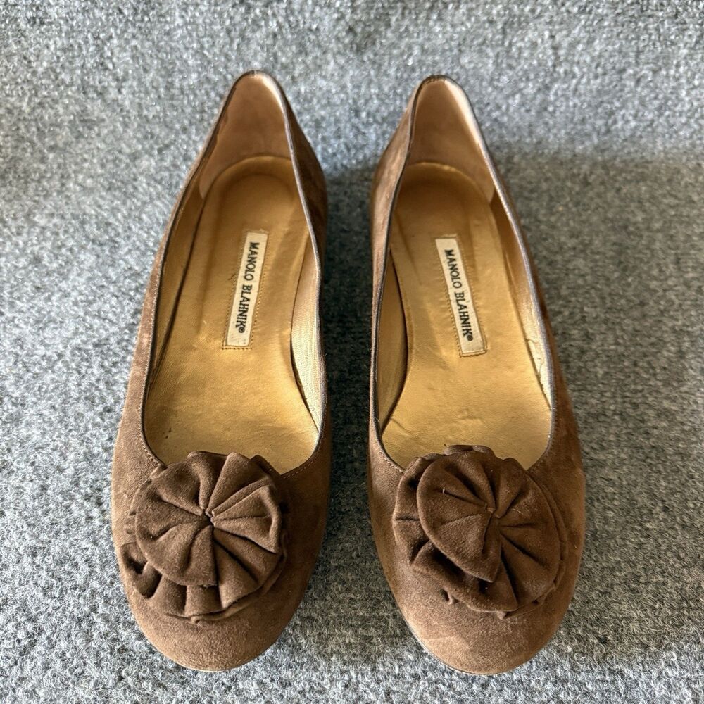 Manolo Blahnik Gisella Brown Suede Slip-On Ballet Flat Flower Accent Women's 9.5